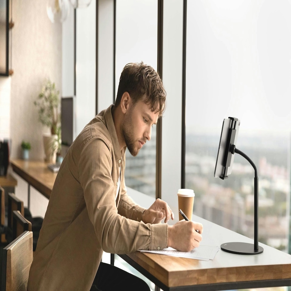 image 1 of Durable Tablet Holder Table Twist with Gooseneck - for Tablets and Mobiles 4.7-13" - 360 Degree Rotation - Perfect for Tablets, iPads, Mobile Phones - Black