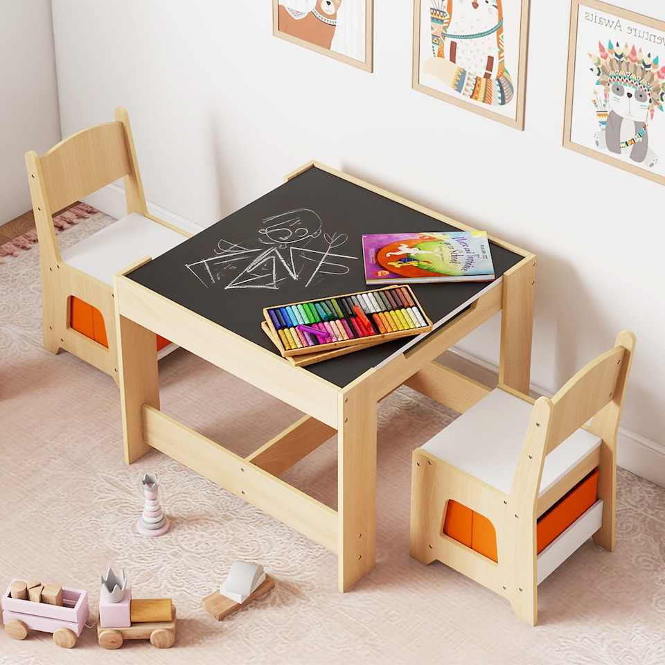 image 1 of COSTWAY Kids Table and Chairs Set Wooden Table Natural