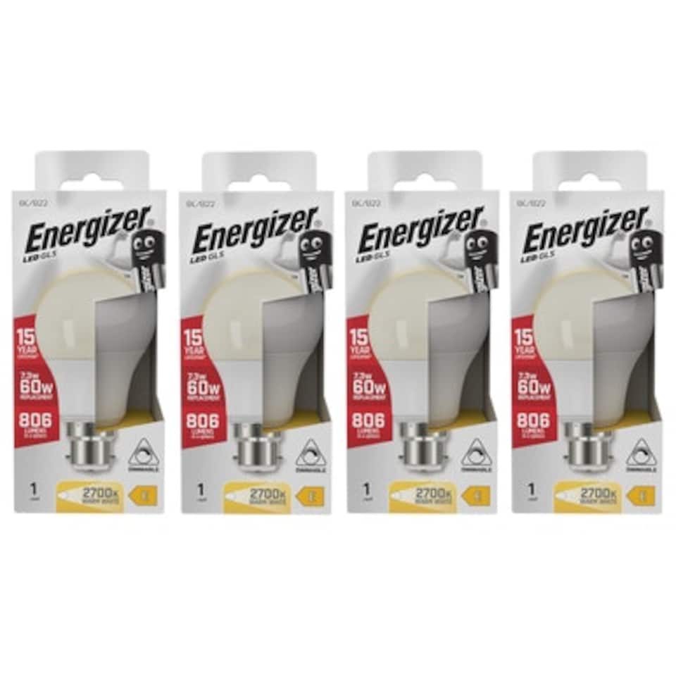 image 1 of Energizer LED GLS B22 806lm 7.3W 3000K (Warm White) Dimmable Light Bulb - Pack of 4