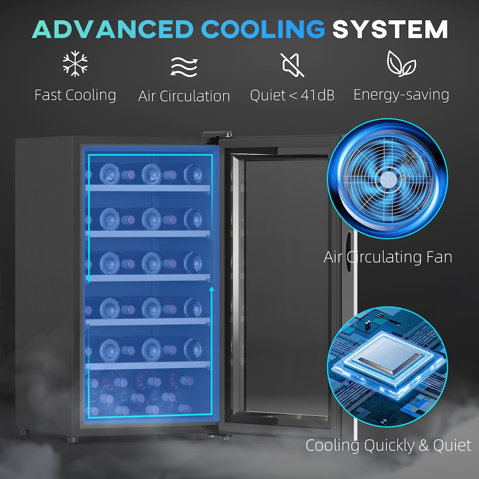 image 1 of HOMCOM 41 Bottle Wine Fridge, 91 Litre Capacity, 45cm Freestanding Wine Cooler Fridge with Glass Door, LED Light, Digital Touch Screen, Temperature Control, Black | Black