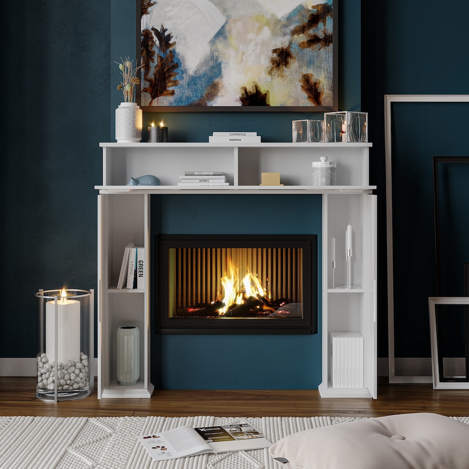 image 1 of Fireplace Storage Cabinet 3-Door Mantelpiece Shelf with 6 Compartments | White | 25 x 117 x 19 | 1