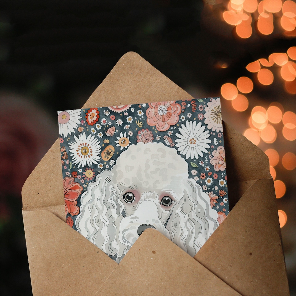 image 1 of Greeting Card Quirky Poodle Dog Lover Floral Pet Portrait Birthday