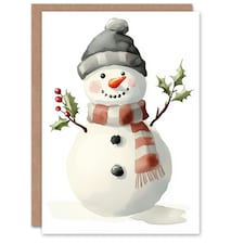 Cute Snowman Holly Branch Arms Watercolour Blank For Him Or Her Art Christmas Card