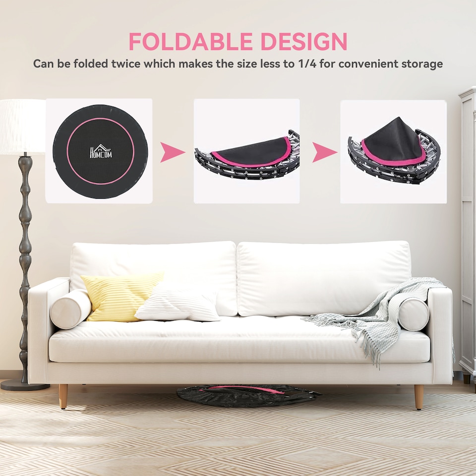 image 1 of HOMCOM 45" Foldable Mini Trampoline Fitness Trampoline Rebounder for Adults with Adjustable Foam Handle, for Indoors, Outdoors, Cardio Training, Pink | Pink