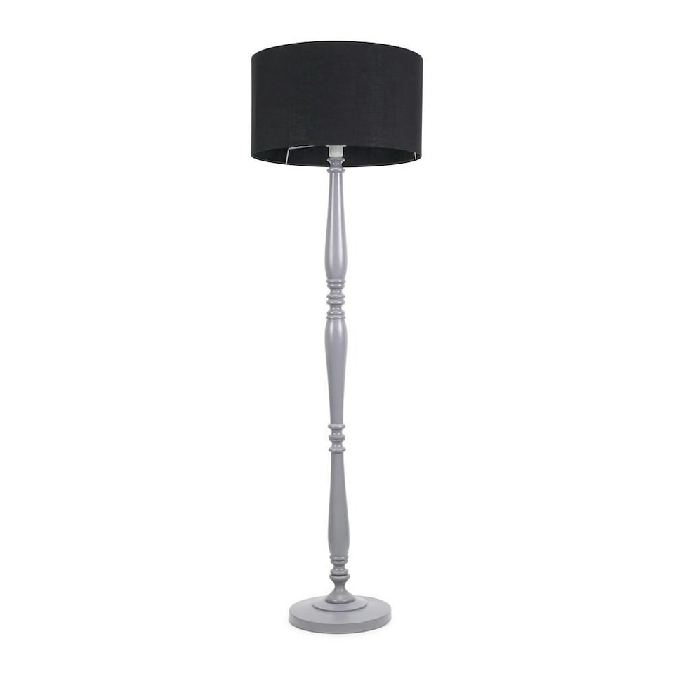 image 1 of ValueLights Victoria Grey Wood Floor Lamp Black Shade and Bulb