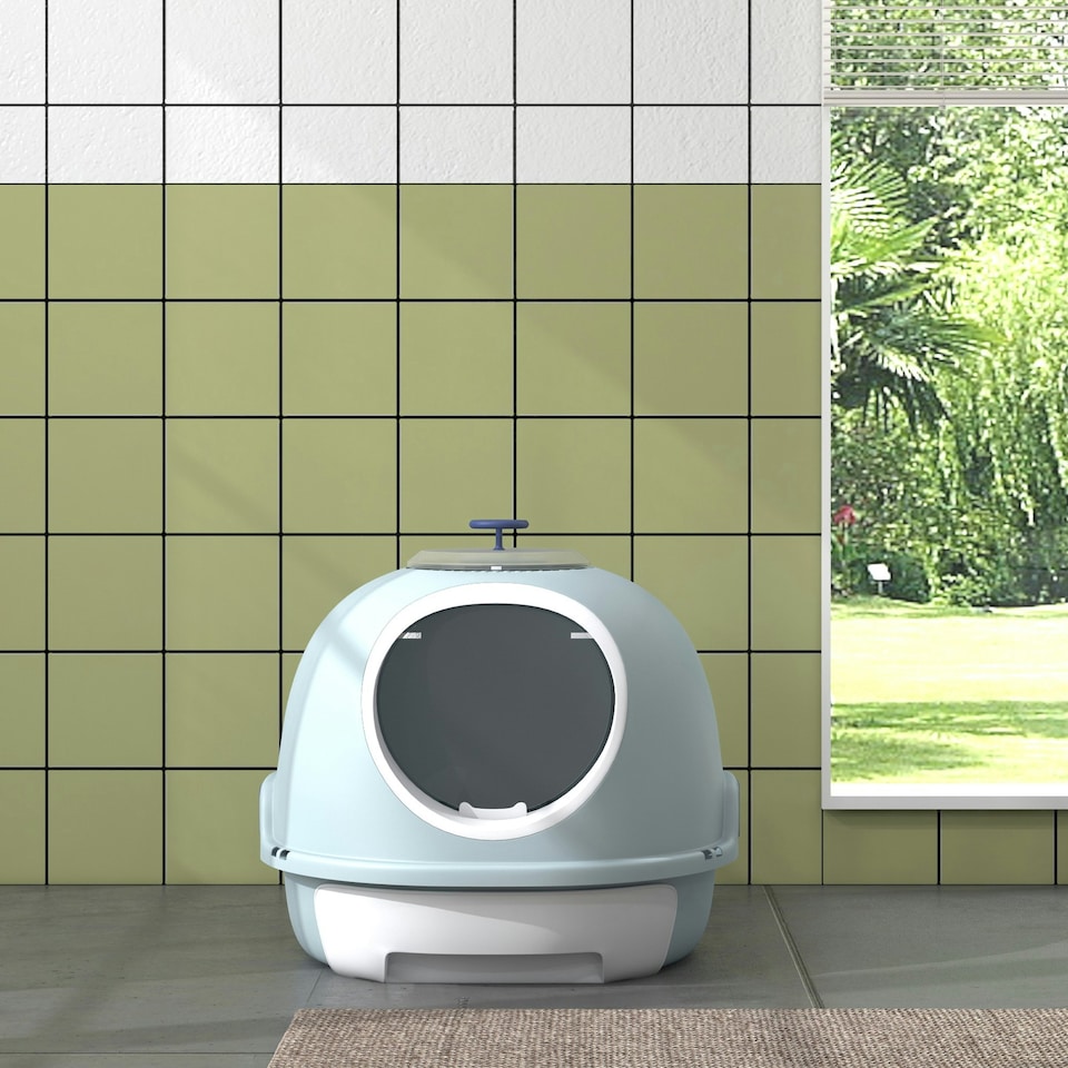 image 1 of PawHut Futuristic Capsule-Shaped Cat Litter Box w/ 2 Doors Scoop Drawer Blue