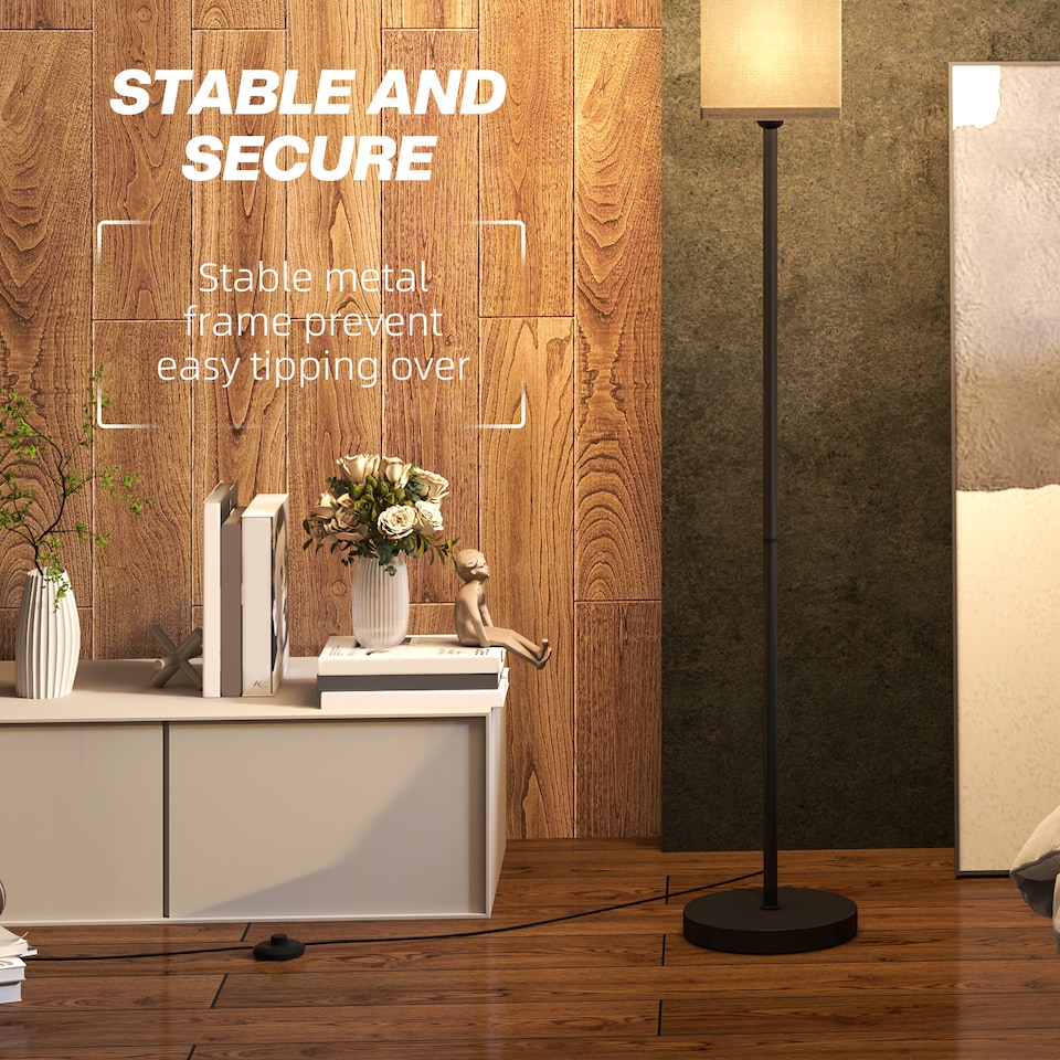 image 1 of HOMCOM Floor Lamp, Modern Standing Lamp with Linen Shade, Tall Lamps for Living Room, Bedroom, with Foot Switch, Bulb not Included, Black