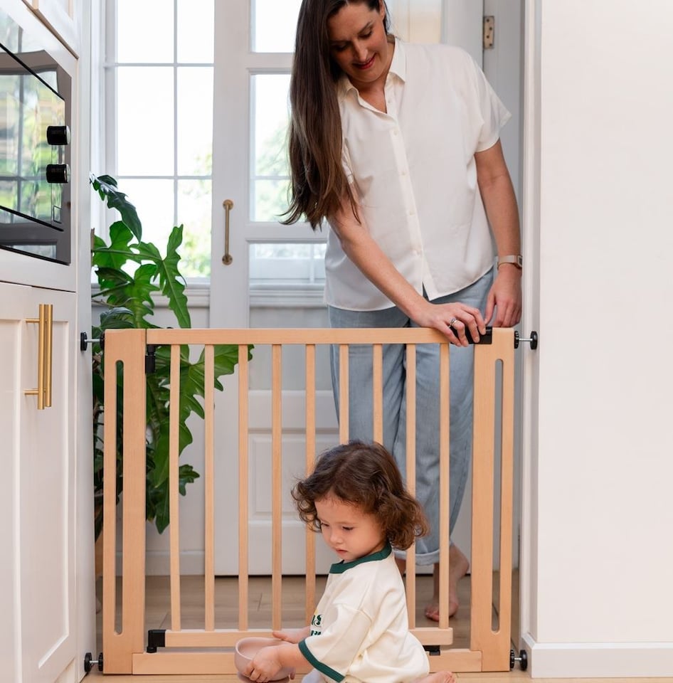image 1 of Safetots Wooden Elegance Gate, Natural, 79cm - 87cm, Pressure Fit Safety Gate, 57cm Extra Wide Doorway, Easy Installation
