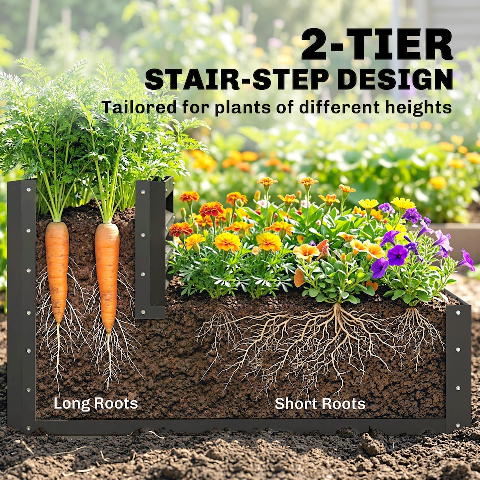 image 1 of Outsunny 2 Tier Galvanised Raised Garden Bed Planter Box Open Bottom Dark Grey | Grey | Dark Grey