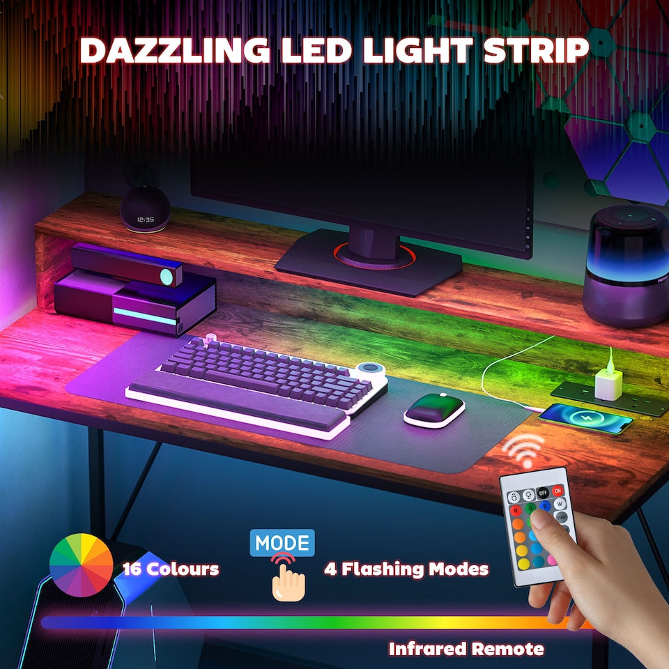 image 1 of HOMCOM 120cm Computer Desk with LED Lights and Power Outlets, Gaming Desk with Monitor Stand, Computer Table with Remote for Home Office Study, Rustic Brown | Brown