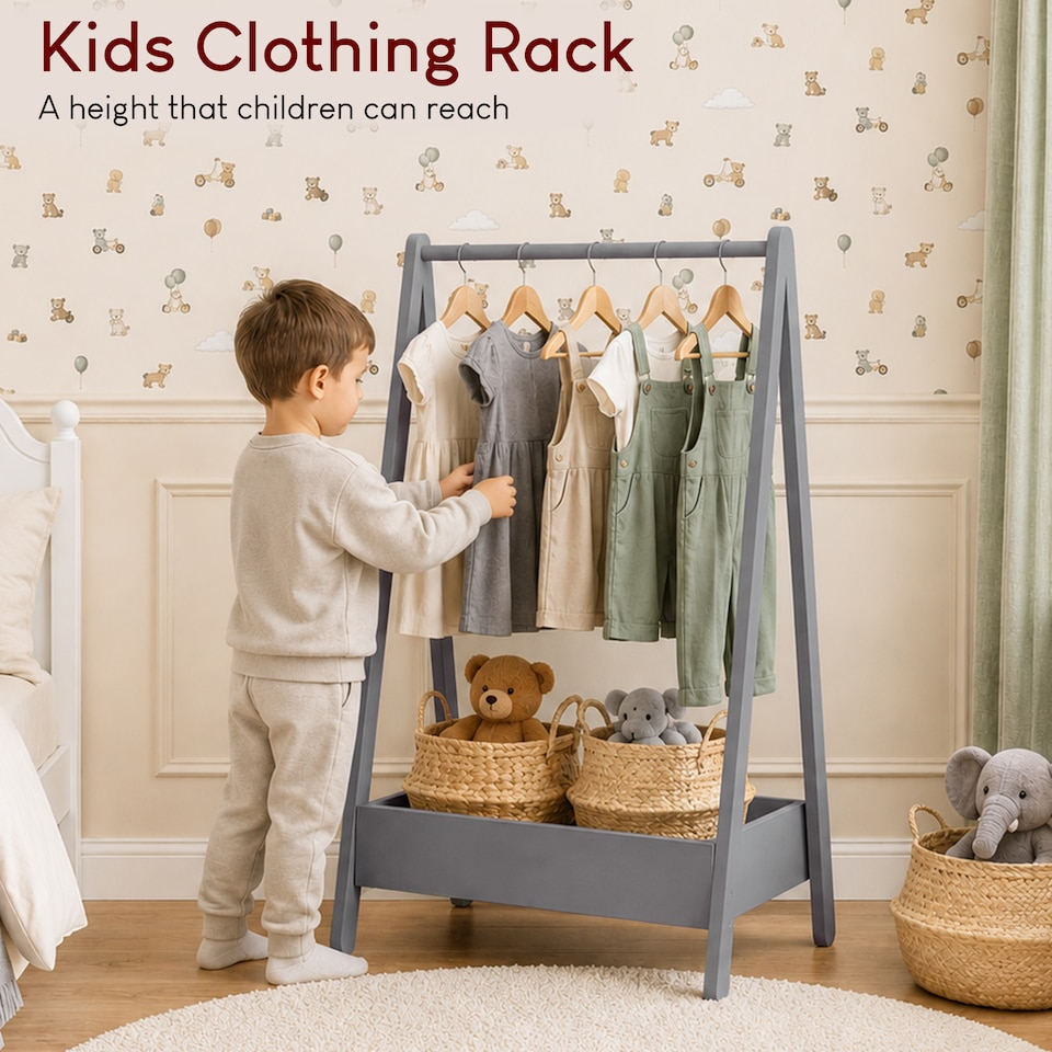 image 1 of Junior Vida Kids Bedroom Furniture Space Saving Foldable Clothing Rack - Grey