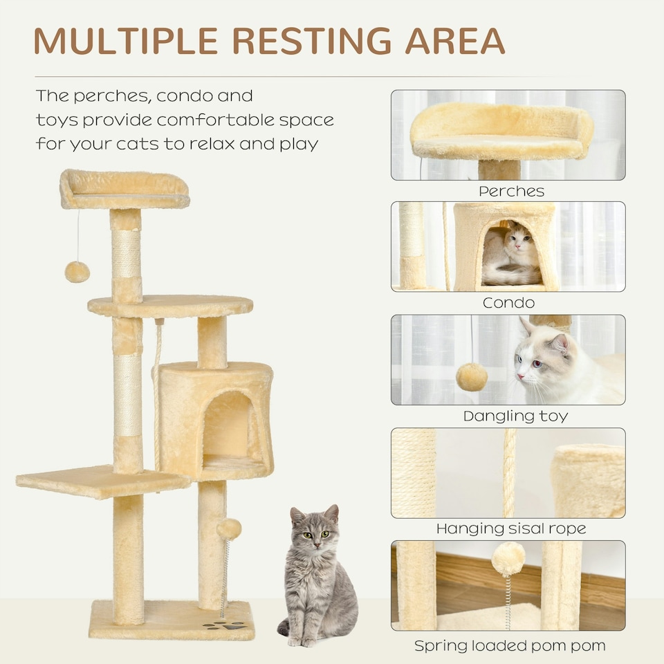 image 1 of PawHut Pet Activity Centre Cat Tree Condo with Scratching Post 4-Tier Beige