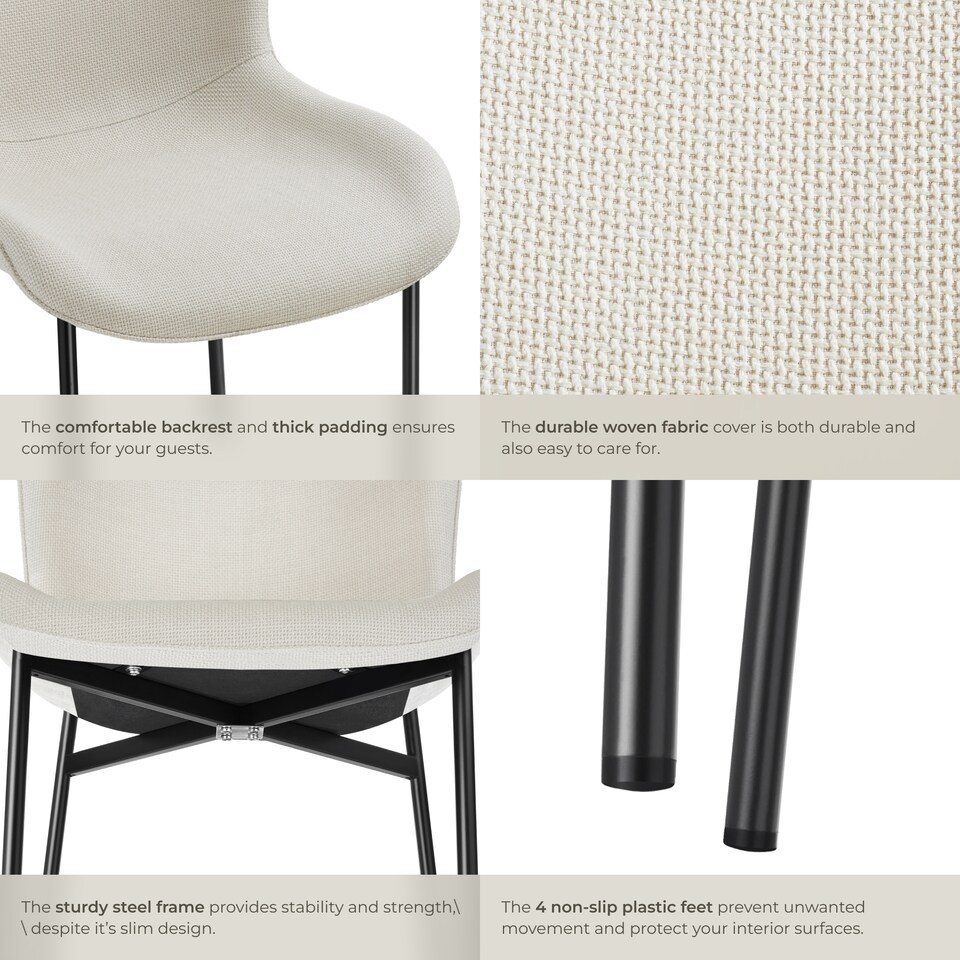 image 1 of Dining Chair Tessa - ergonomic high backrest, slim steel legs, soft fabric | White | Woven fabric off-white/black | 1