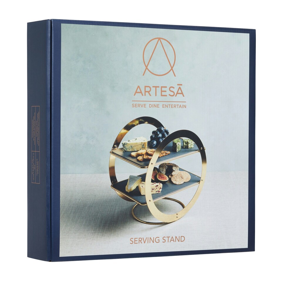 image 1 of Artesà 2-Tier Brass Geometric Serving Stand with Slate Black