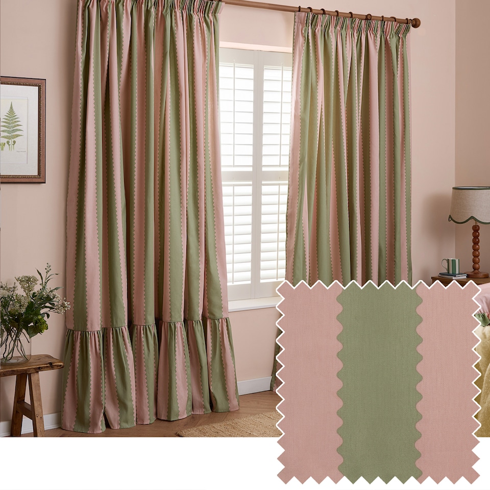 image 1 of Furn Birdie Stripe Fully Lined Ruffle Pencil Pleat Curtain Pair, Pink/Green, (W) 229cm x (D) 137cm