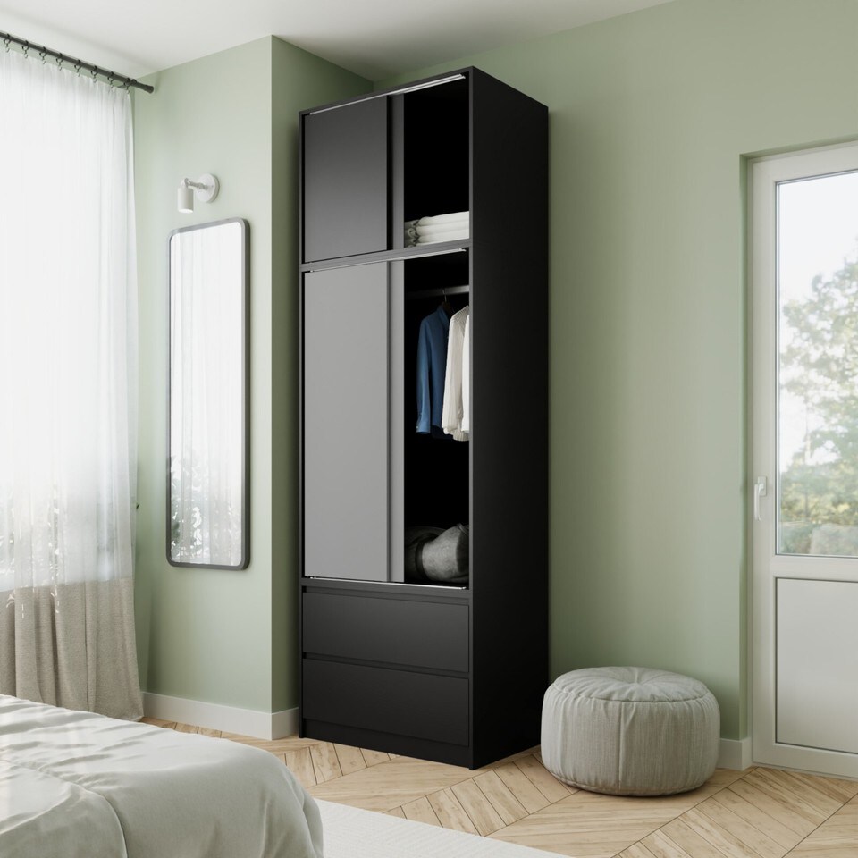 image 1 of 240cm 2 Sliding Doors Wardrobe Bedroom Storage Closet Hanging Rail Cupboard Unit | Multi | Black Carcass & Grey Doors | 1