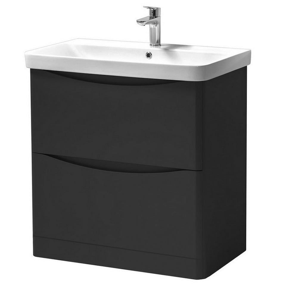 image 1 of Bathroom Floor Standing 2-Drawer Vanity Unit with Basin 800mm Wide - Matt Graphite - (Arch) - Brassware Not Included Grey