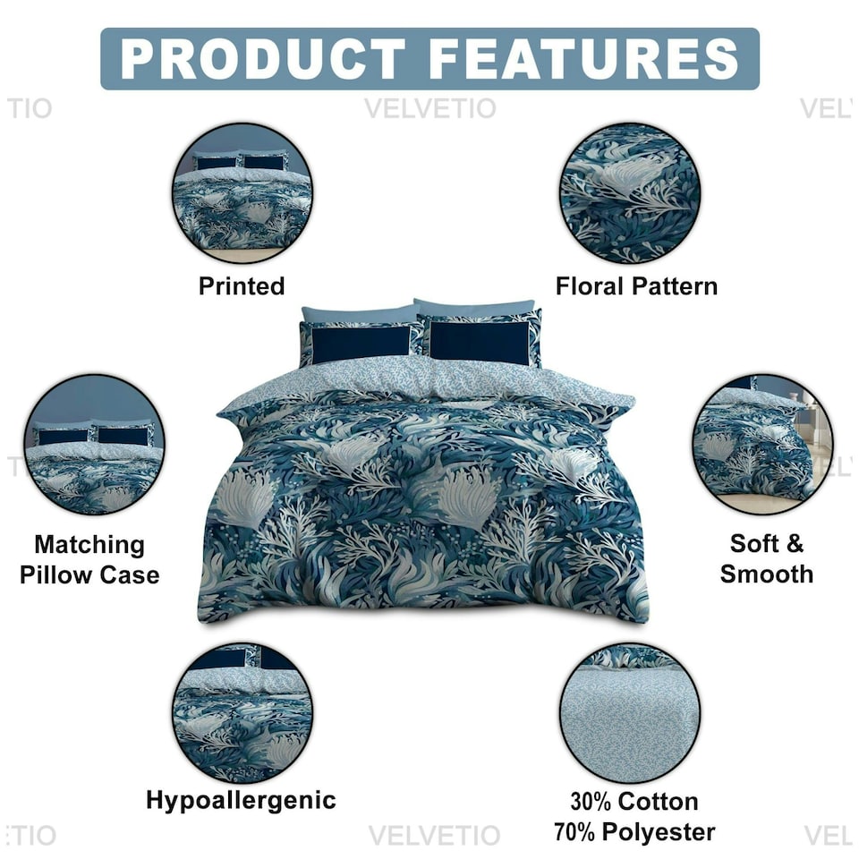 image 1 of VELVETIO Melia Complete Duvet Cover Set with Fitted Sheet Printed Bedding Quilt Blue | King
