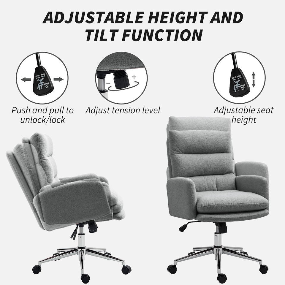 image 1 of HOMCOM Home Office Chair, Upholstered Sherpa Fleece Desk Chair with Height Adjustable, Tilt Function and 360 Swivel Wheels for Home Office and Study Room, Grey | Grey