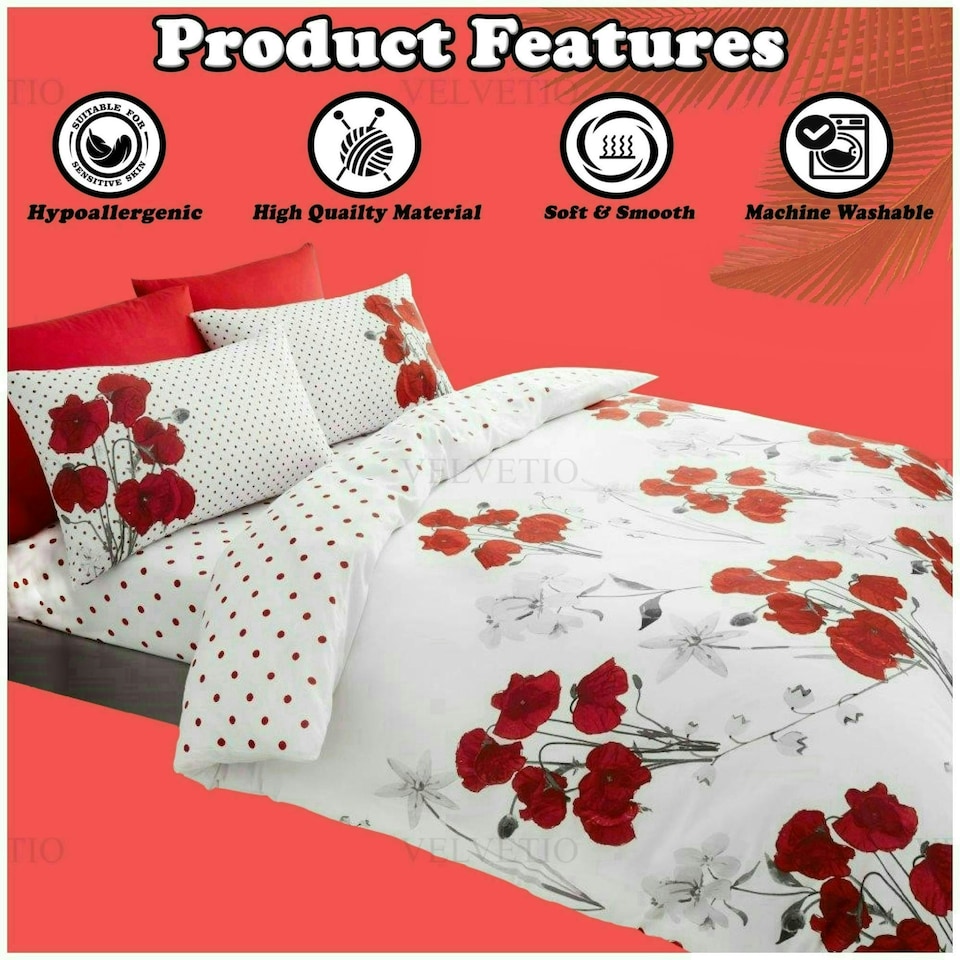 image 1 of VELVETIO Poppy Flower Duvet Cover Set Reversible Polycotton Easy Care Beddings Purple | Aubergine | Double