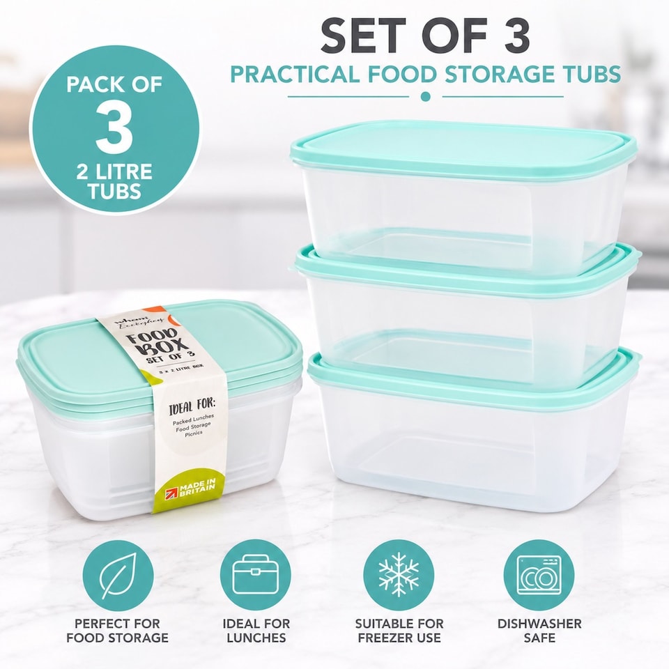 image 1 of Wham Food Storage Container Lunch Box Plastic Kitchen Tub With Lid 2L Set of 3