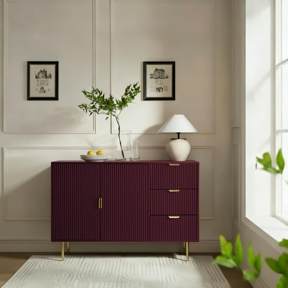 image 1 of OHS Ribbed Sideboard Table Modern Drawer Shelf Cabinet Storage