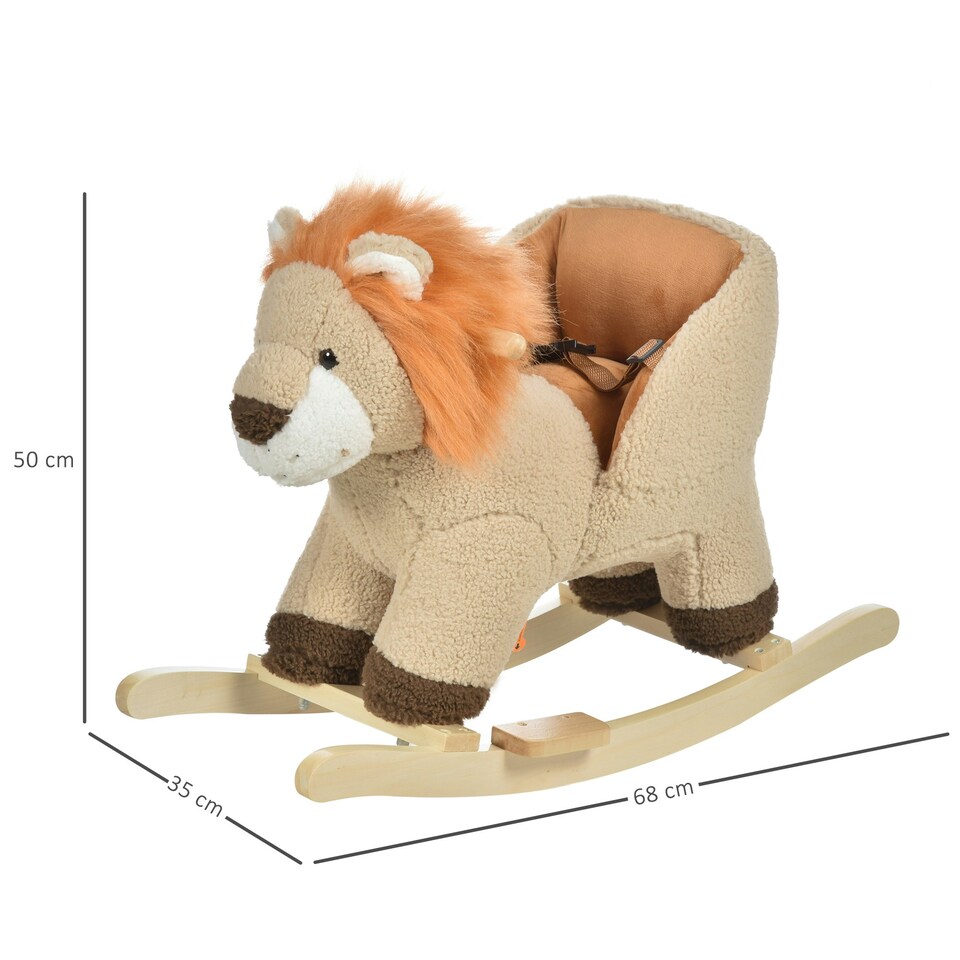 image 1 of HOMCOM Kids Rocking Lion Plush Ride On Seat w/ Sound Button Wood Base Seat Belt