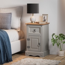Mercers Furniture Corona Grey Wax Narrow Pot Cupboard Bedside Cabinet 1 Door 1 Drawer Table Solid Wood Pine Wooden Bedroom with Mexican Styling