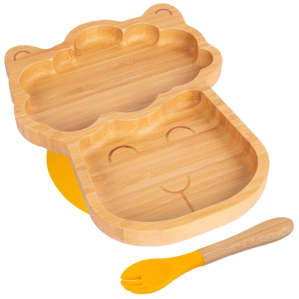 image 1 of Tiny Dining Bamboo Llama Baby Weaning Plate & Fork Set - Yellow