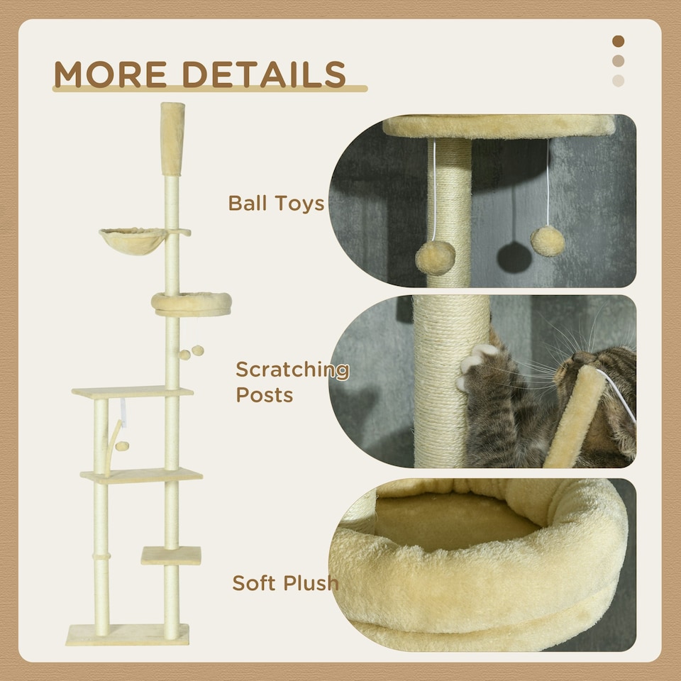 image 1 of PawHut Floor To Ceiling Cat Tree 6-Tier with Scratch Post Bed Hammock Beige