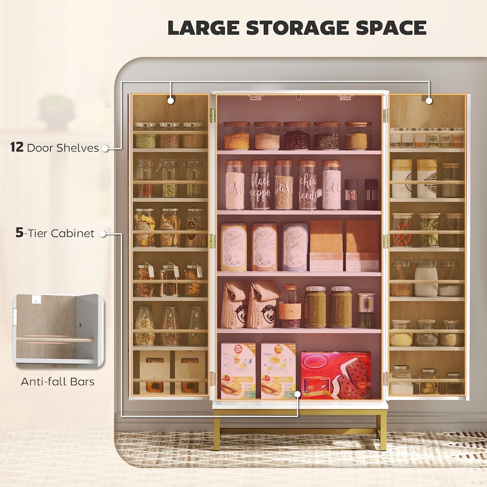 image 1 of HOMCOM Kitchen Cabinet with Double Doors, 5 Tiers, 12 Spice Racks, White | White | White with natural wood and gold-tone accents | 58W x 29D x 119.5H cm