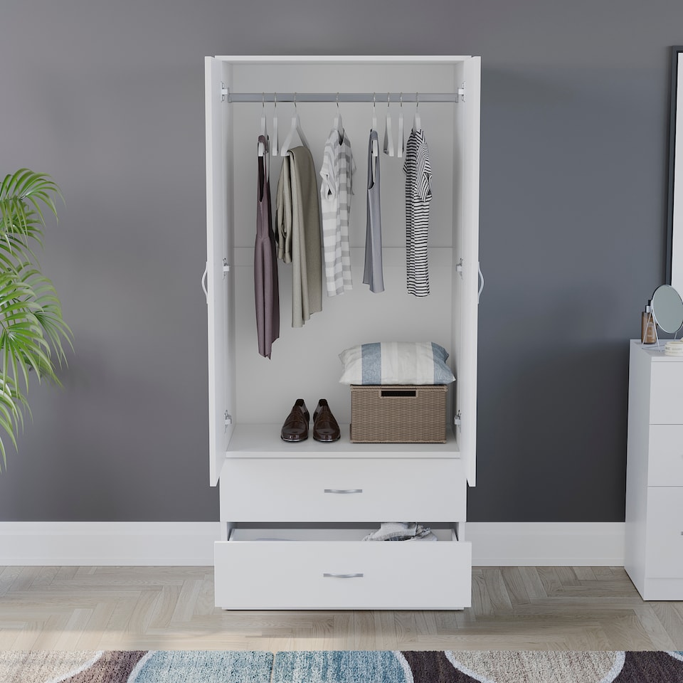 image 1 of Vida Designs Riano 2 Door 2 Drawer Wardrobe With Shelf & Clothes Rail, White