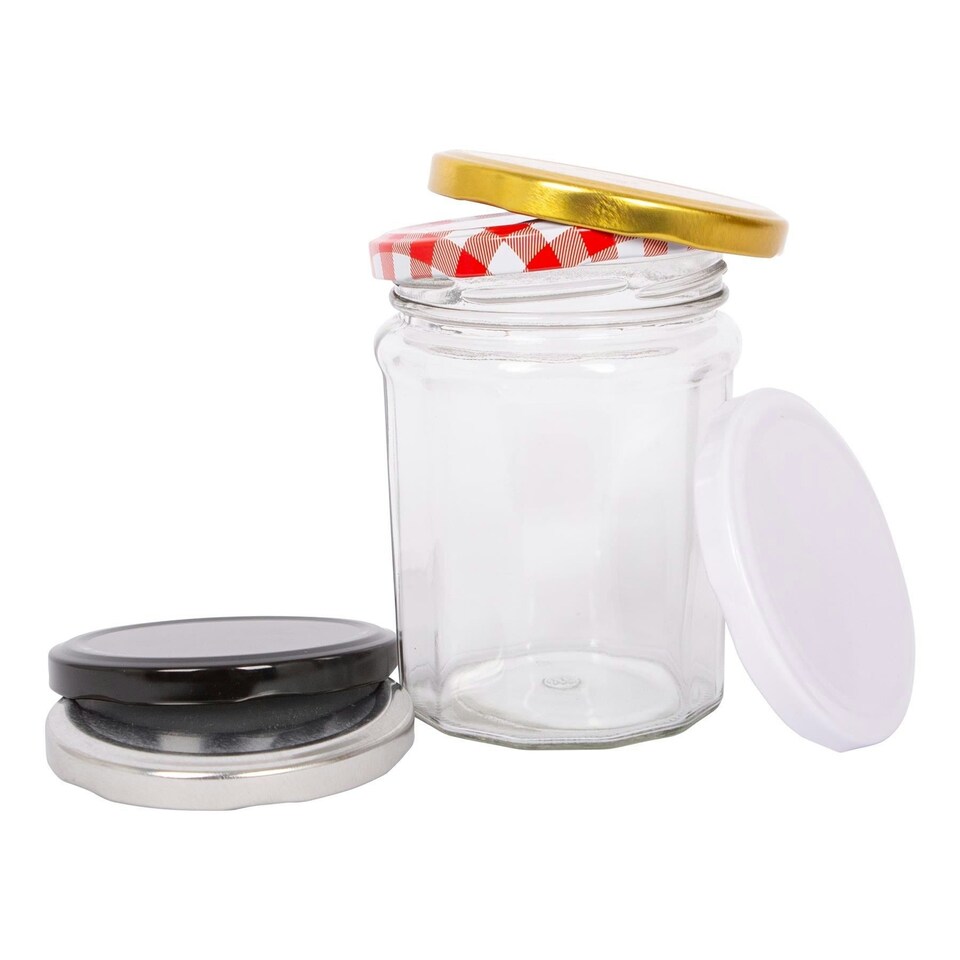 image 1 of Argon Tableware Glass Jam Jars with Blue Gingham Lids - 380ml - Pack of 6