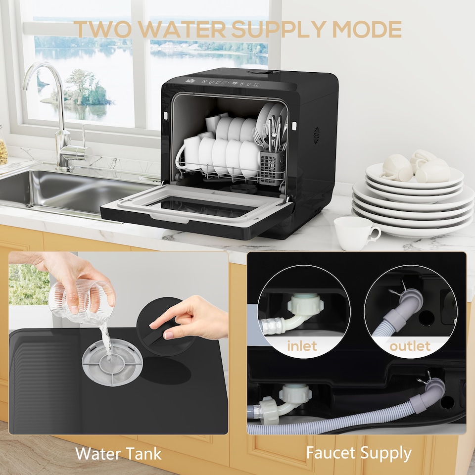 image 1 of HOMCOM Table Top Dishwasher, Mini Countertop Dishwasher No Plumbing with Built-in 6L Water Tank, 6 Programs, Touch Control, LED Display, 4 Place Settings, Dual Water Supply and Fruit Wash, Black