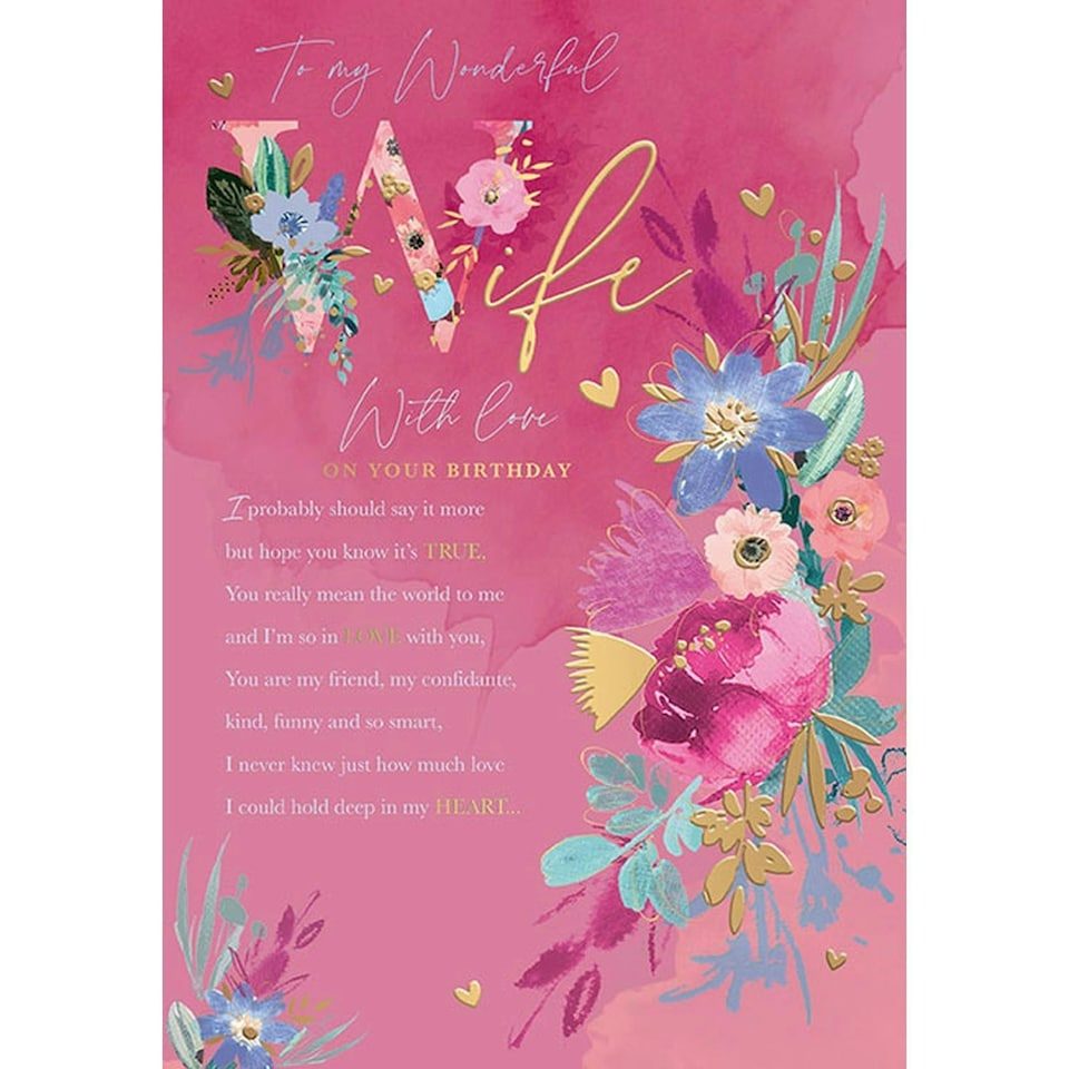 Words 'n' Wishes Wife Birthday Card, Pink Floral Design, Rose Gold Foil, 23 cm x 16 cm