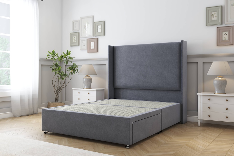 image 1 of Sloomy Devonshire Steel Plush Divan Bed Base No Drawers With 54 Inch Wingback Headboard | Grey | Steel | Small Single | 1