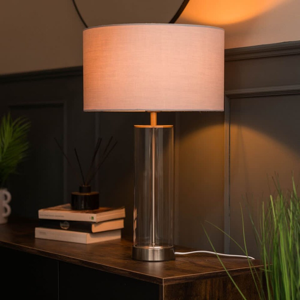 image 1 of ValueLights Balan Brushed Chrome Table Lamp Grey Shade