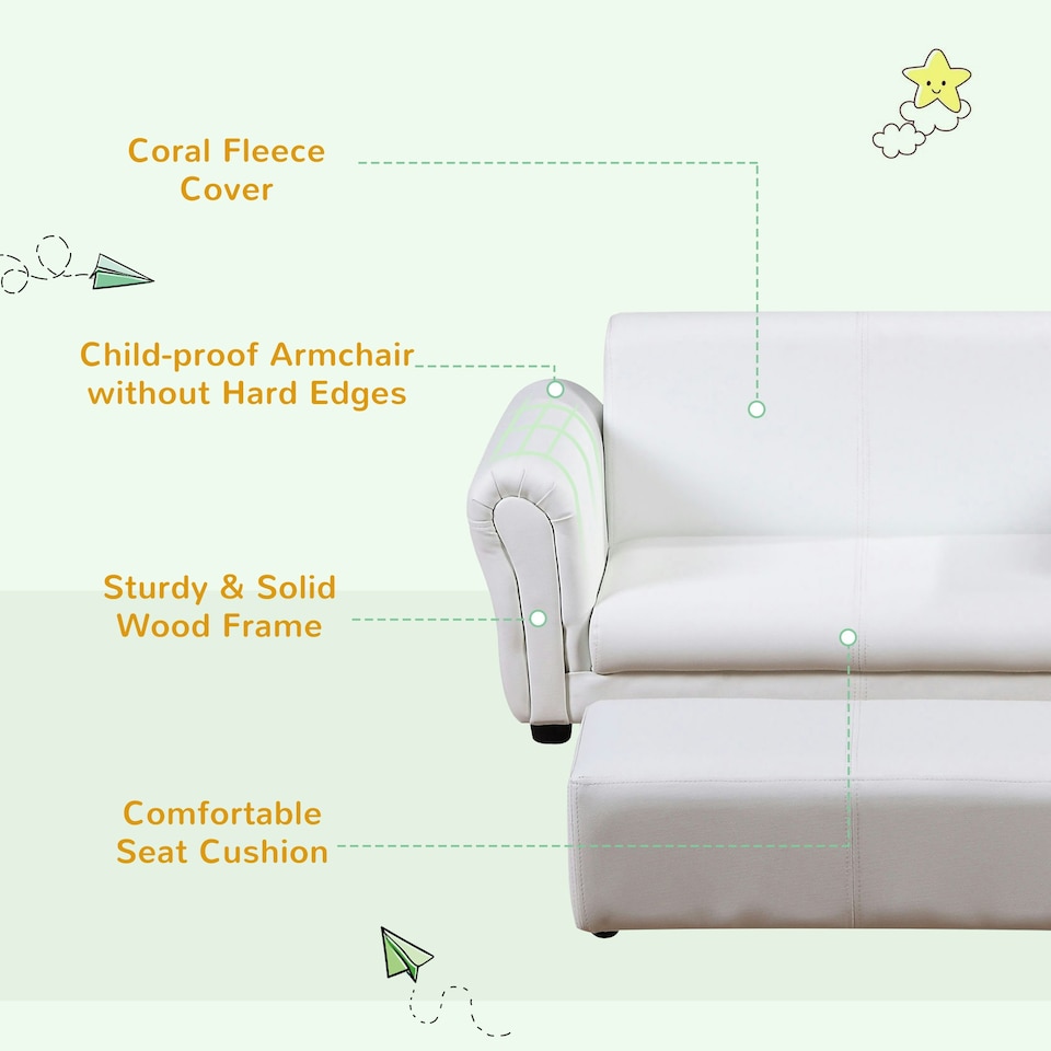 image 1 of HOMCOM Kids Sofa Set 2 Seater Armchair with Footrest for 18-36 Months, White 