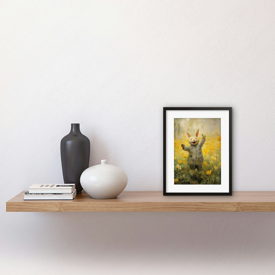 image 1 of Tulips Rabbit Watercolour Kids Nursery 9x7" Black Framed Wall Art Print