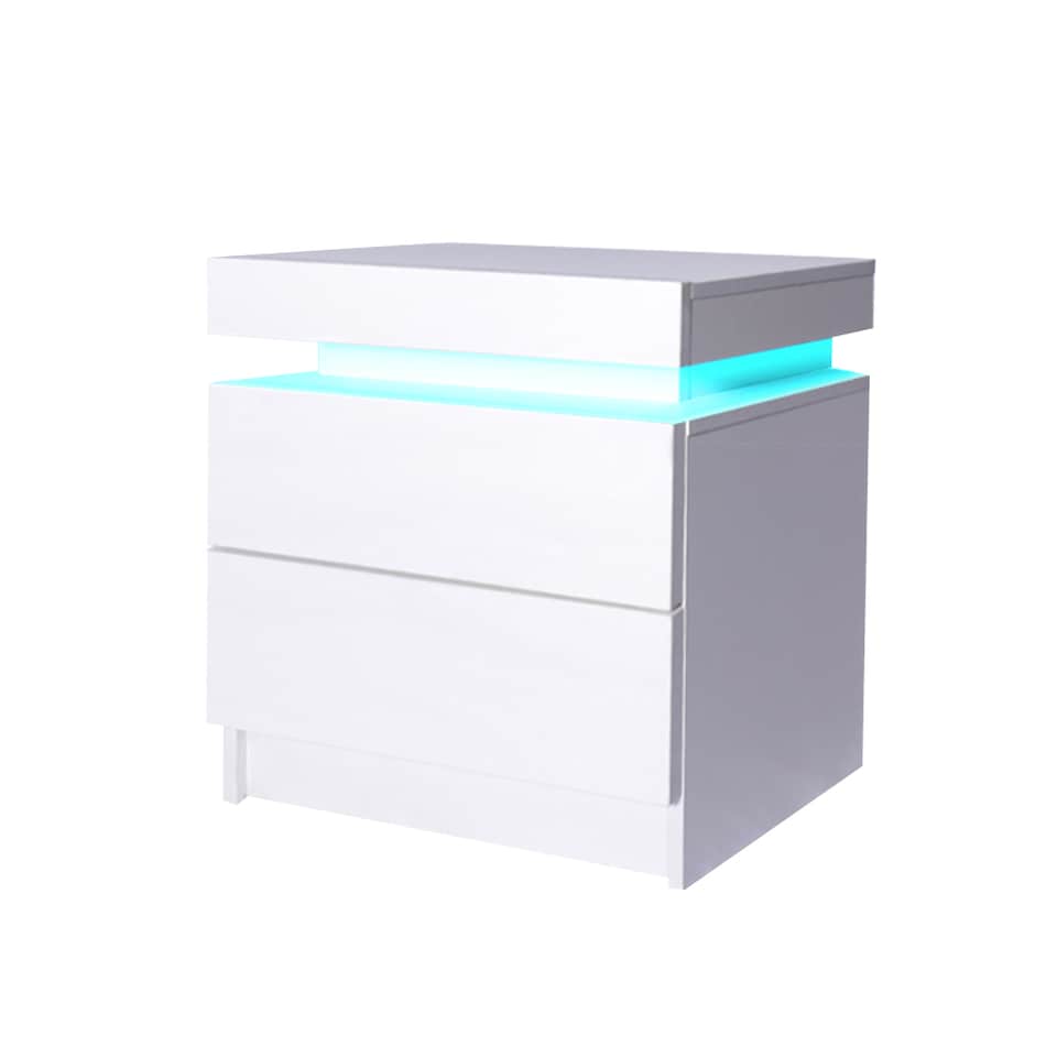 image 1 of Levede 2 Drawer Bedside Table High Gloss RGB LED Nightstand Cabinet | White | White