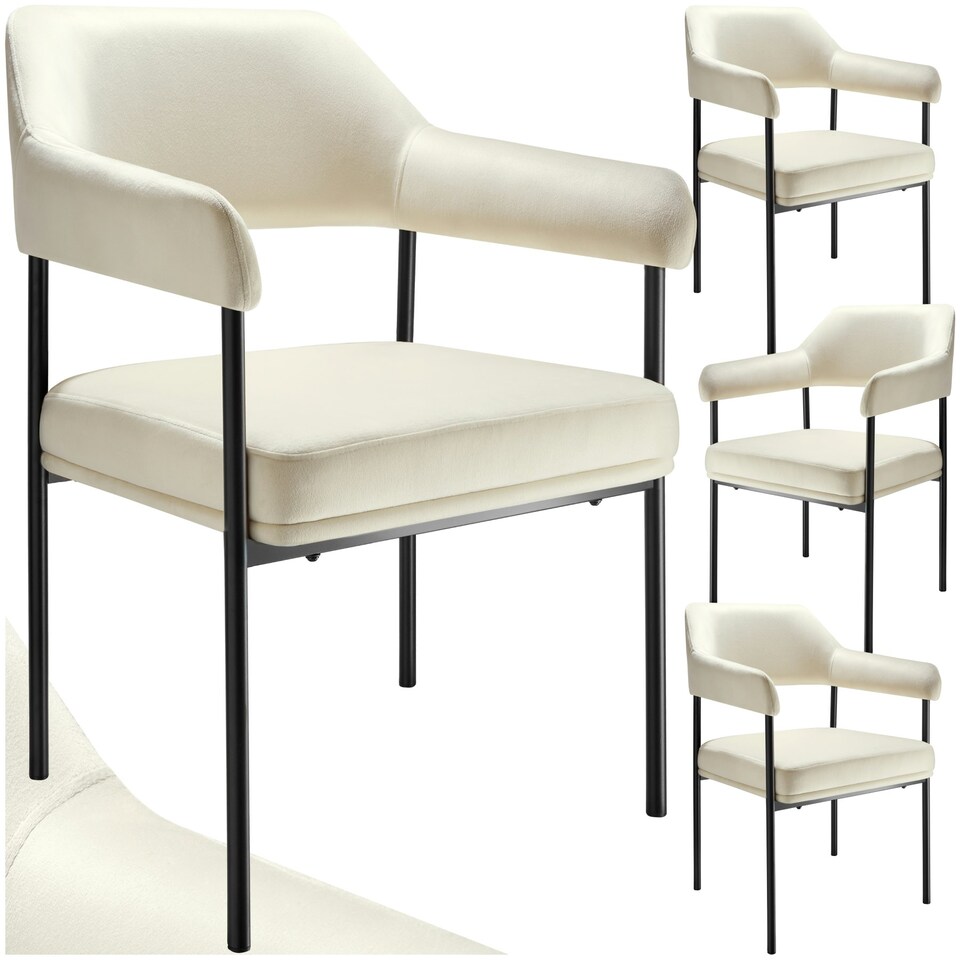 image 1 of Armchair Doe - durable fabric, black powder-coated legs, 120 kg load, 58 x 62 x 85 cm - Set of 4 White | Velvet Look Off-White