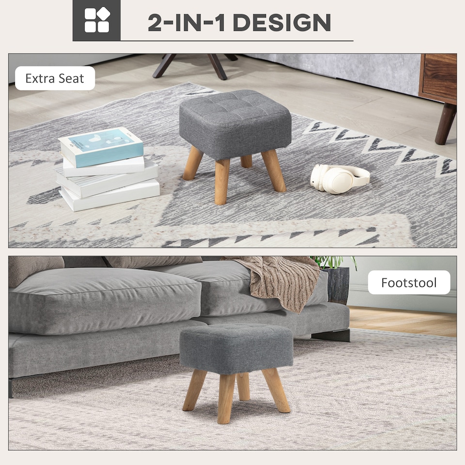 image 1 of HOMCOM Modern Tufted Footstool, Fabric Foot Stool with Rubber Wood Legs, Padded Seat, for Living Room, Bedroom, Entryway, Grey | Grey