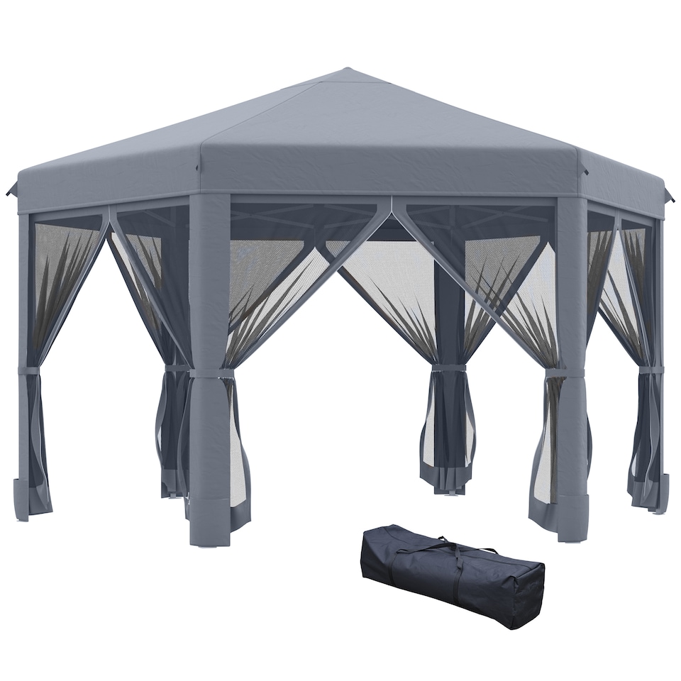 image 1 of Outsunny 3.8m x 3.2m Pop Up Gazebo Hexagonal Canopy Tent Outdoor Sun Protection with 6 Mesh Sidewalls, Hand Bag, Grey
