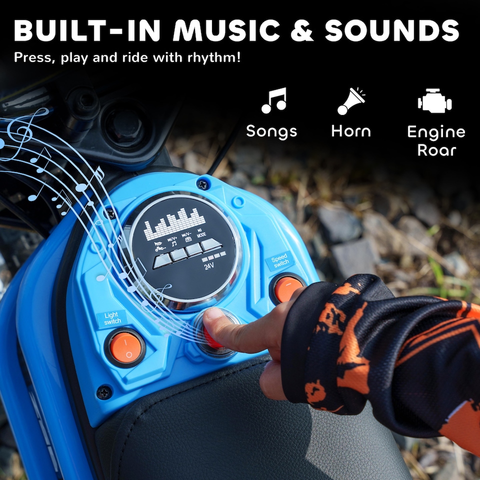 image 1 of HOMCOM 24V Kids Electric Motorbike with Twist Grip Throttle, Music, Horn, 12 Pneumatic Tyres, Max Speed 16kmithh, for Ages 8-12 Years - Blue