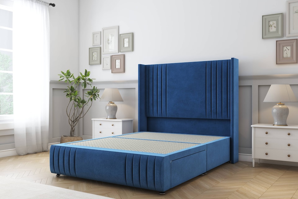 image 1 of Sloomy Camden Navy Plush Divan Bed Base No Drawers With 54 Inch Wingback Headboard & 12 Inch Matching Footboard | Blue | Navy | Super King | 1