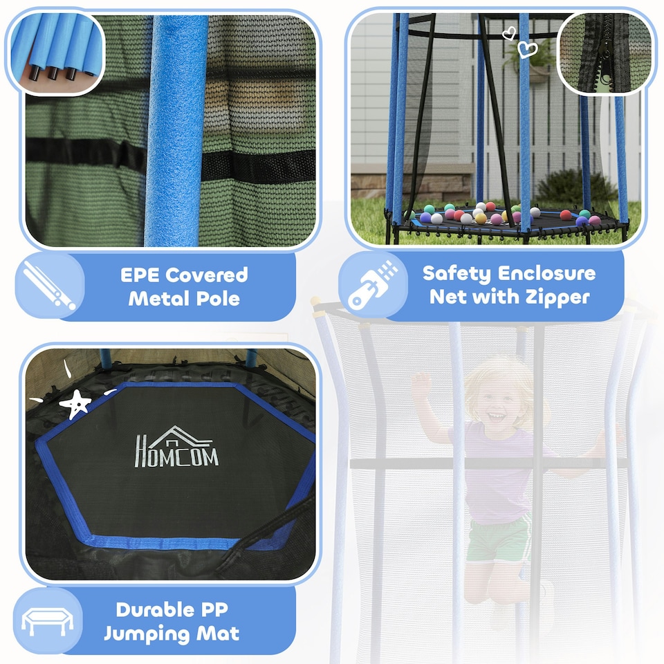 image 1 of HOMCOM 5.4FT Kids Trampoline with Enclosure Indoor Outdoor Blue