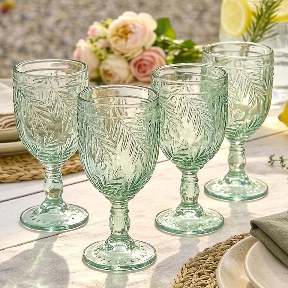 image 1 of Set of 4 Laurier Green Embossed Leaf Drinking Glass Spring Summer Wine Goblets 320ml