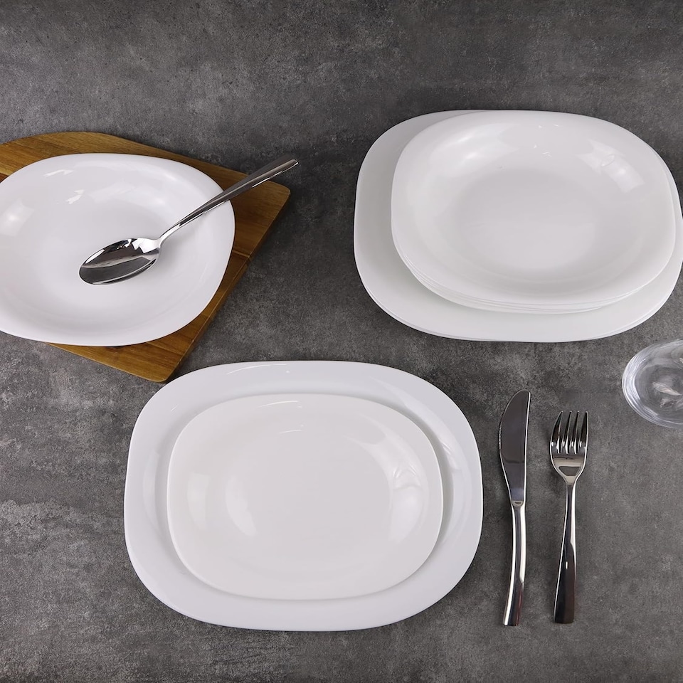 image 1 of White Opal Glass Dinner Set Plates Soup Bowls Dinnerware | White | Hudson Square - 12 Pcs | 12