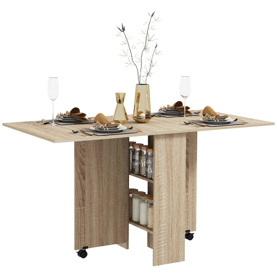 image 1 of HOMCOM Mobile Drop Leaf Dining Table, Folding Desk with 2 Wheels, Natural