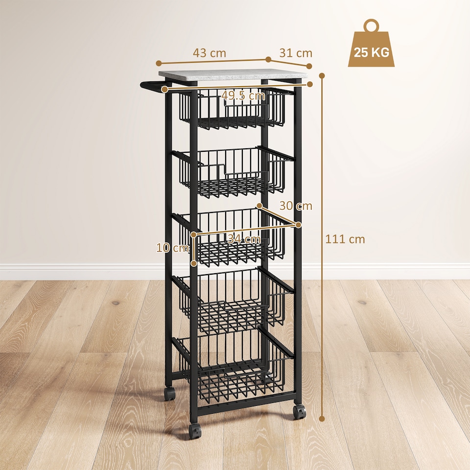 image 1 of HOMCOM 5-Tier Kitchen Island on Wheels with 5 Pull-Out Baskets, Light Grey